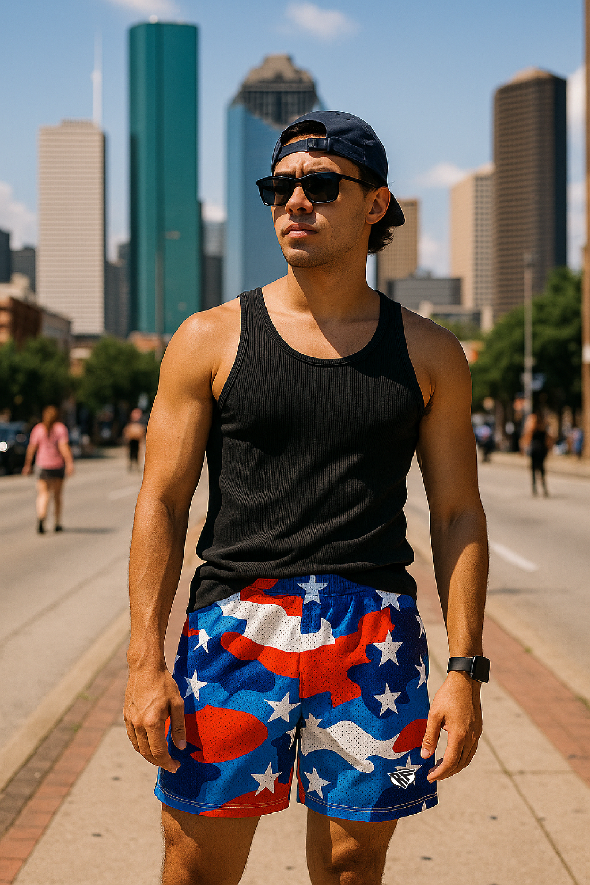 RF Wear Men's Mesh Patriotic Camo Shorts - Red/White/Blue - Model Front View