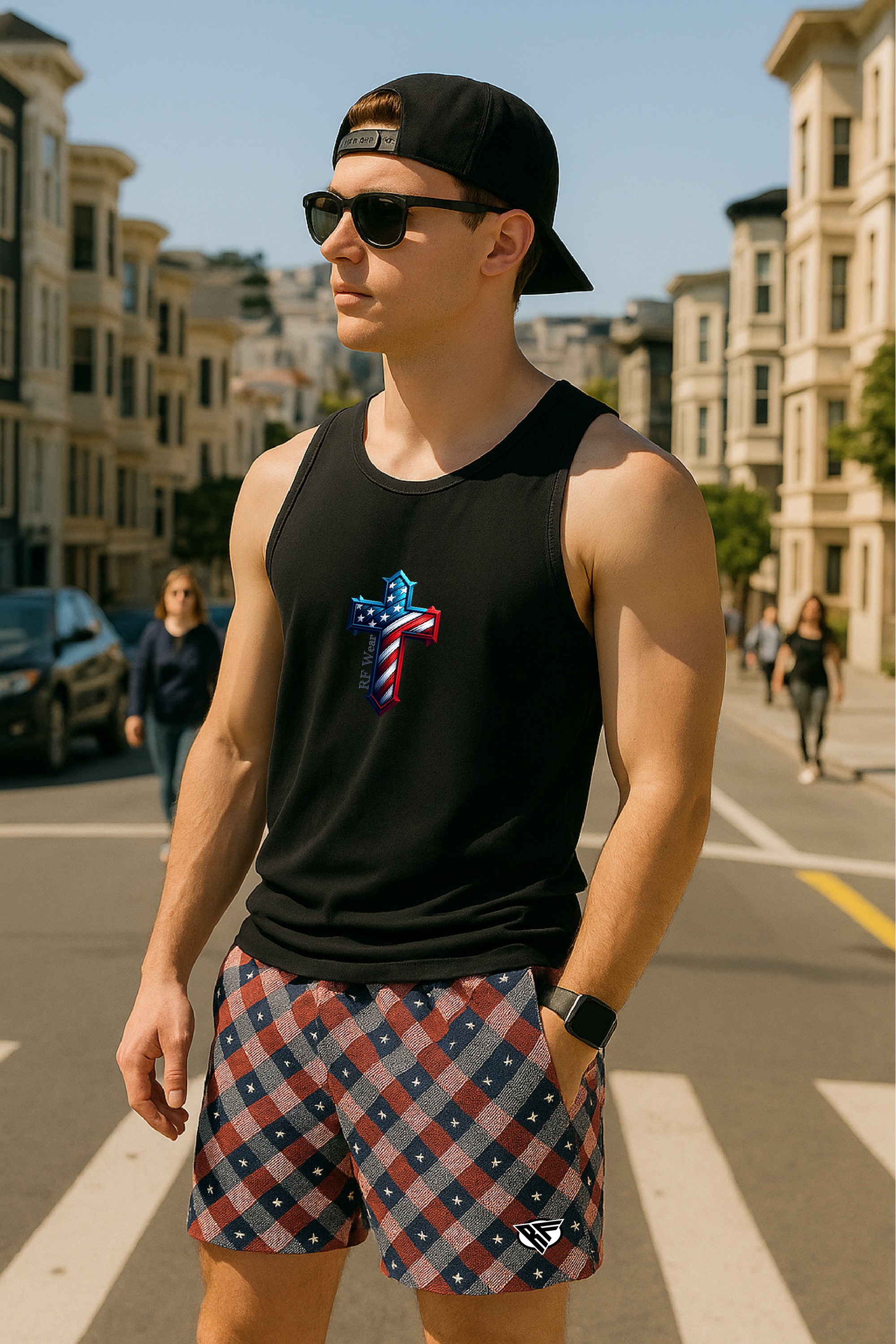 RF Wear Men's Patriotic Plaid Red/White/Blue - Model Front View