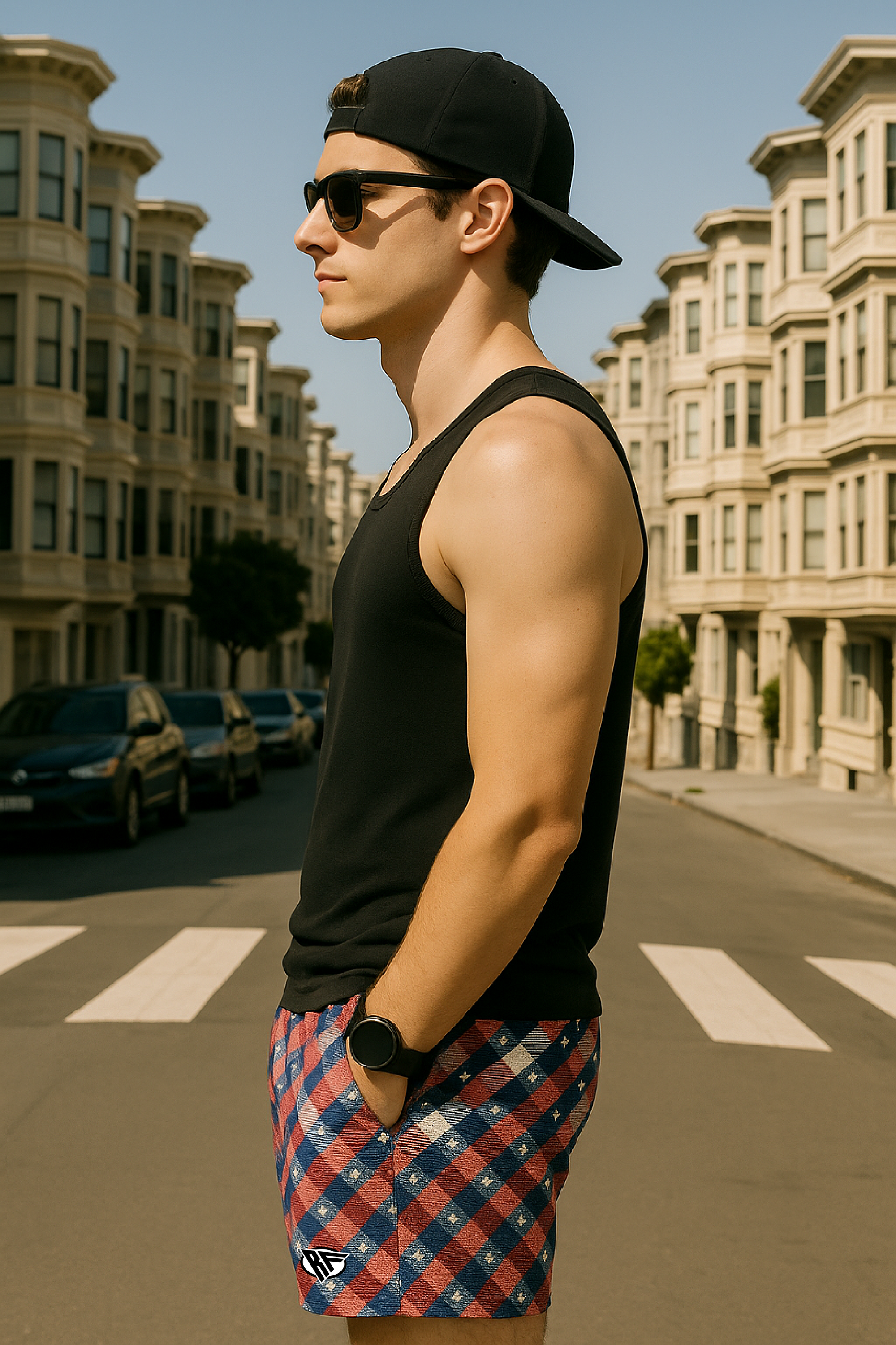 RF Wear Men's Patriotic Plaid Red/White/Blue - Model Side View