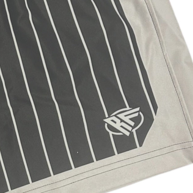 Close-up of RF-Wear Swim Trunks Sporty Stripes in Black/White with RF logo