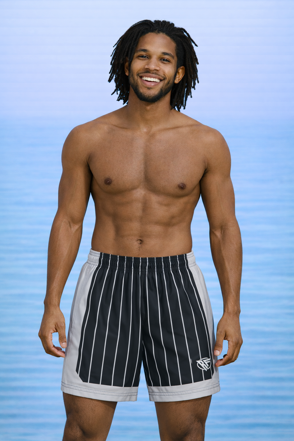 Man wearing RF-Wear Swim Trunks Sporty Stripes in Black/White