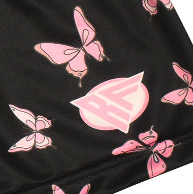 Close-up of RF-Wear Womens Butterfly Shorts in Black with pink butterflies with RF logo.