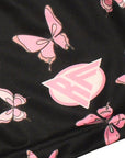 Close-up of RF-Wear Womens Butterfly Shorts in Black with pink butterflies with RF logo.