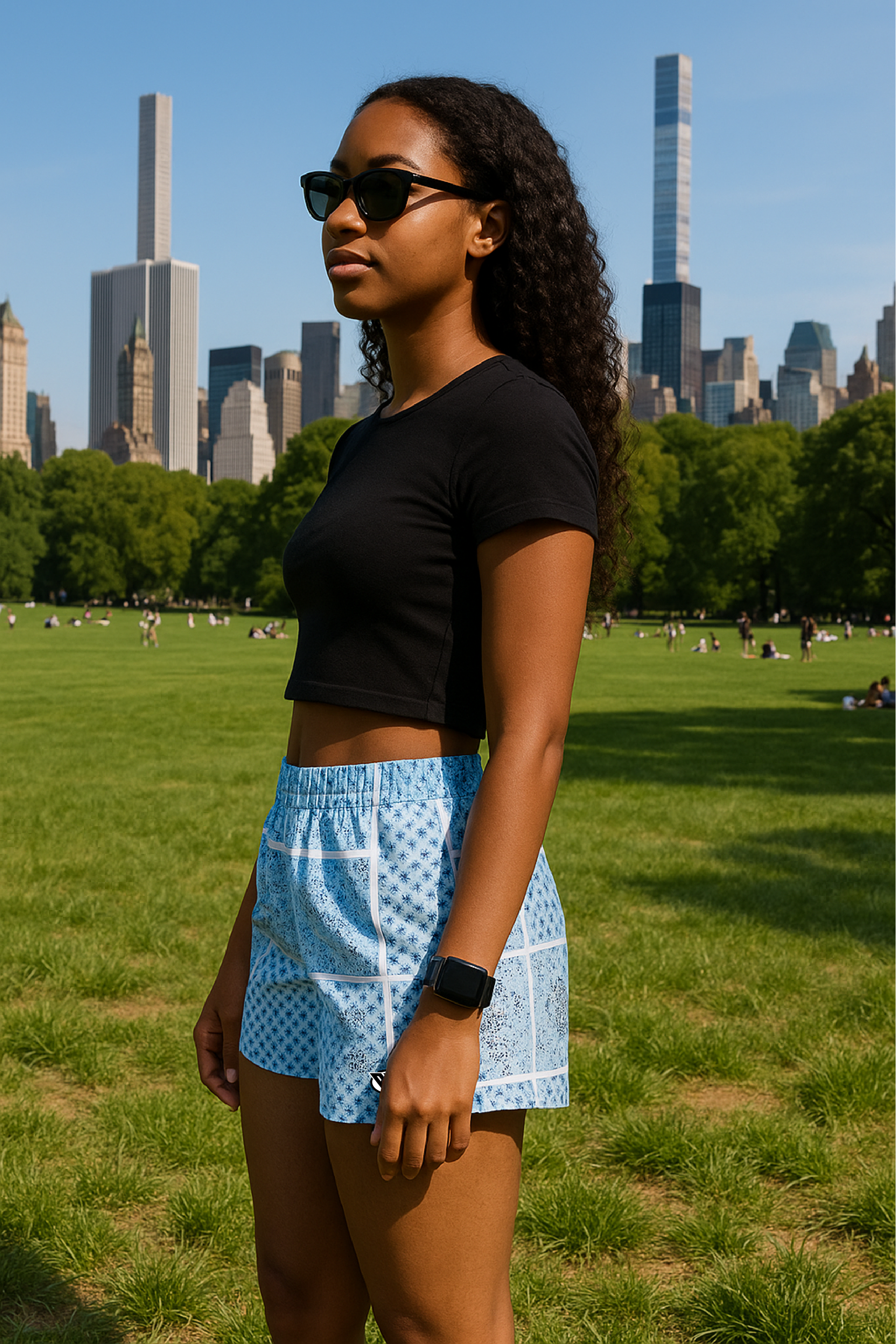 RF Wear Women&#39;s Bandana Patchwork Shorts - Sky Blue - Model Side View