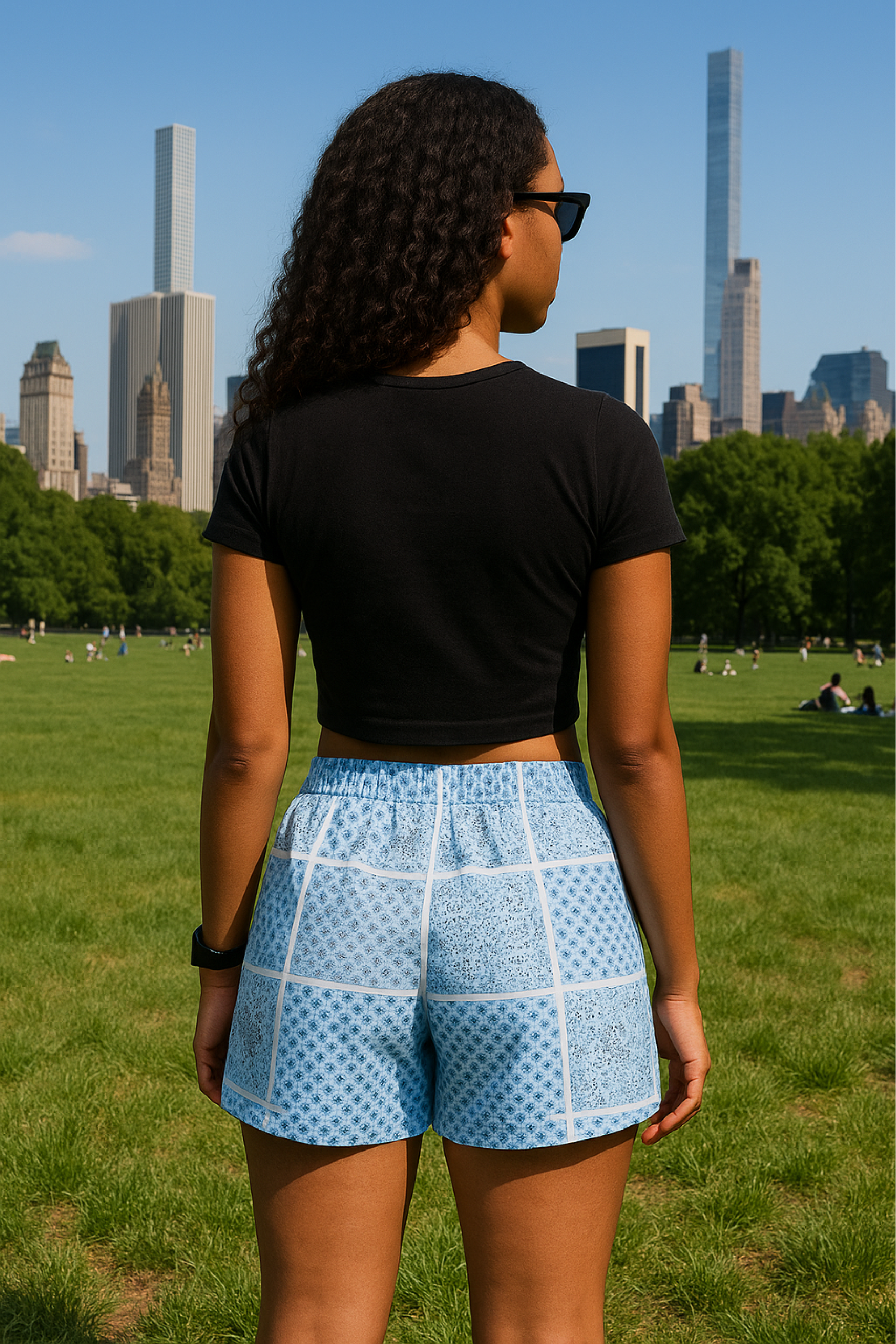 RF Wear Women&#39;s Bandana Patchwork Shorts - Sky Blue - Model Back View