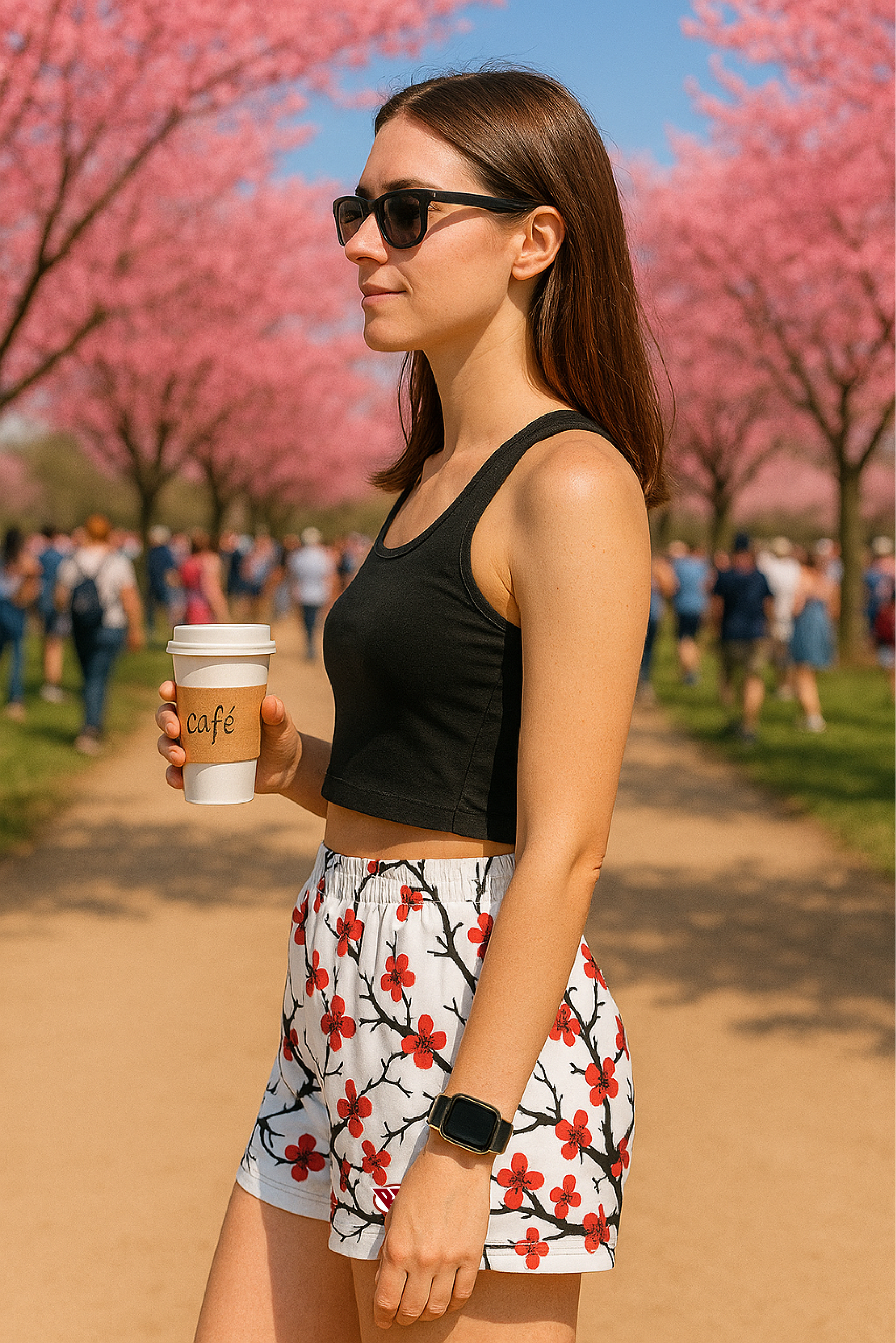 Woman holding a coffee cup with cherry blossom trees in the background wearing a black top with RF-Wear Women's Blossom shorts in White/Burgundy