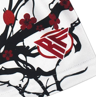 Close-up of RF-Wear Women's Blossom Shorts - White/Burgundy with RF logo