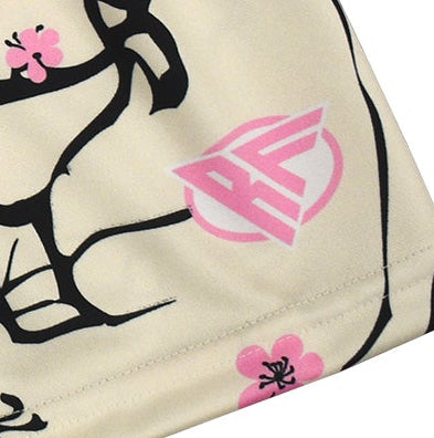 Close up of RF-Wear Women's Blossom Shorts in Cream/Pink with RF logo