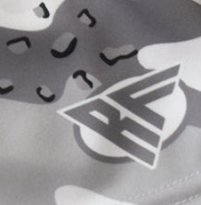 Close-up of RF-Wear Women's Desert Camo Shorts in White/Grey with RF Logo