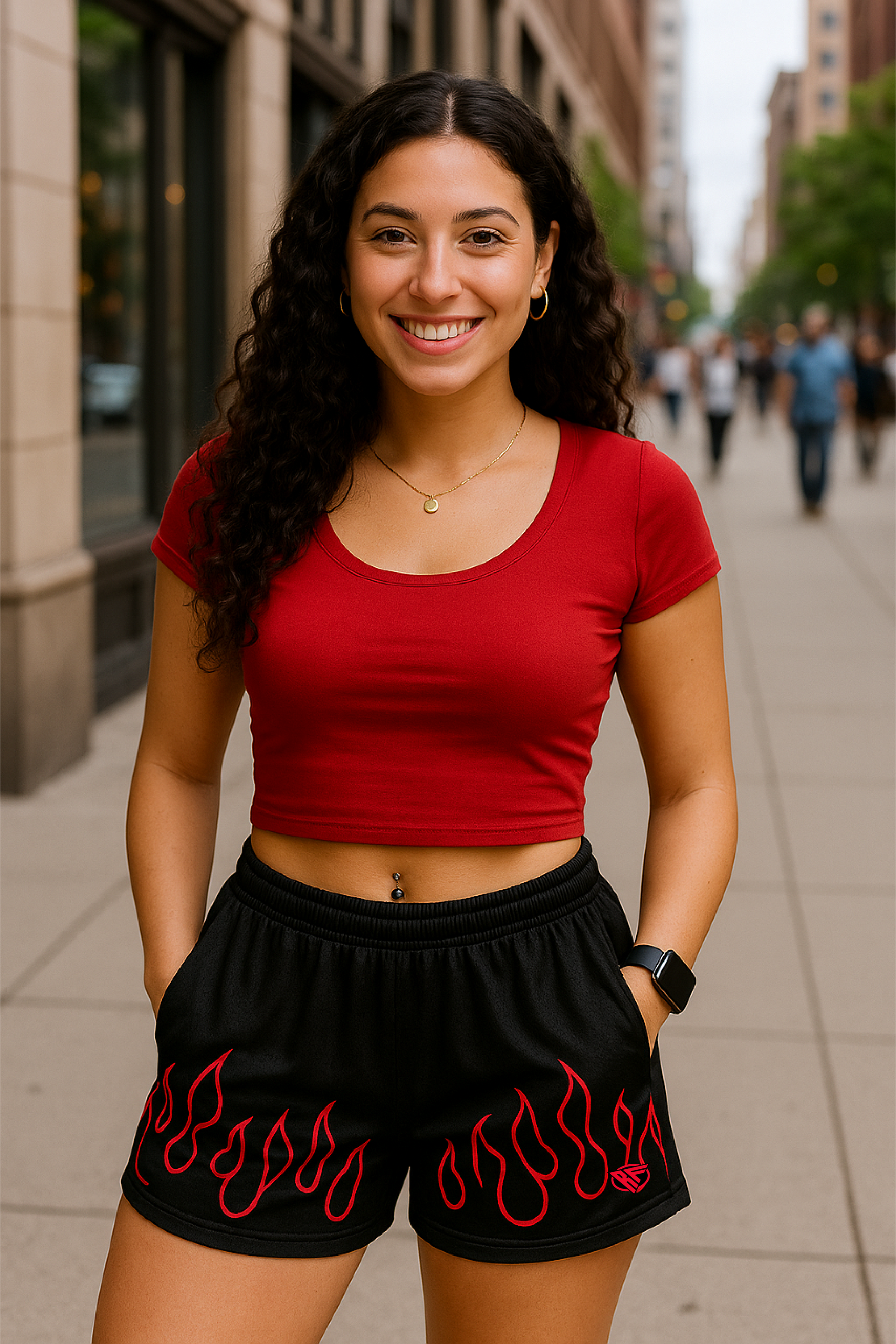 RF Wear Women's Fire Pocket Shorts - Black/Red - Model Front View