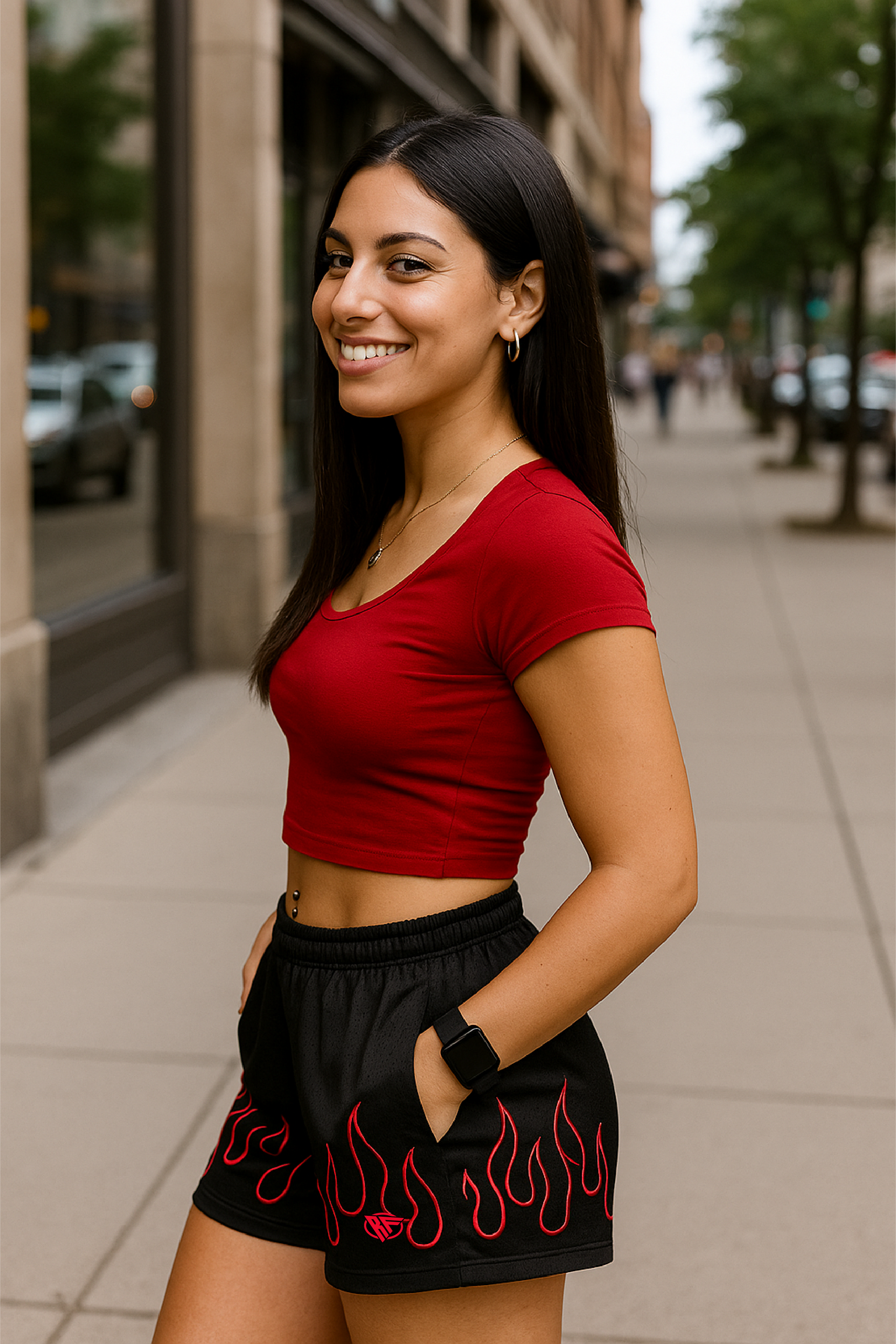 RF Wear Women's Fire Pocket Shorts - Black/Red - Model side view