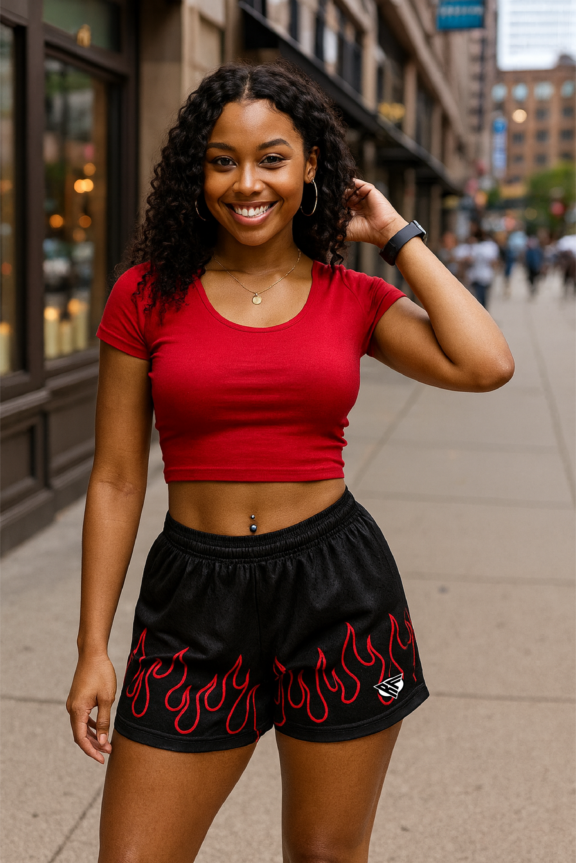 RF Wear Women&#39;s Fire Shorts - Black/Red - Model Front View