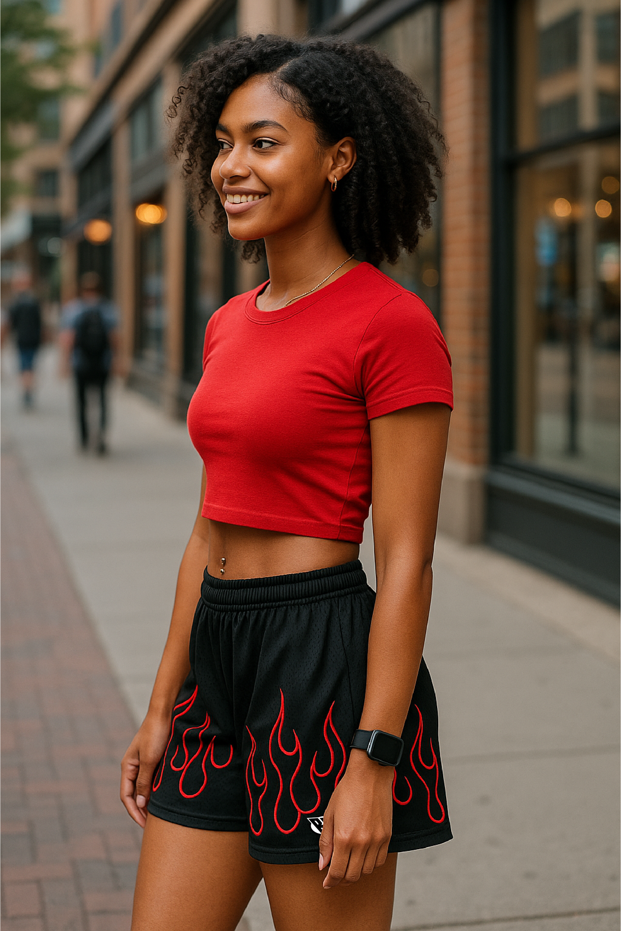 RF Wear Women&#39;s Fire Shorts - Black/Red - Model Side View