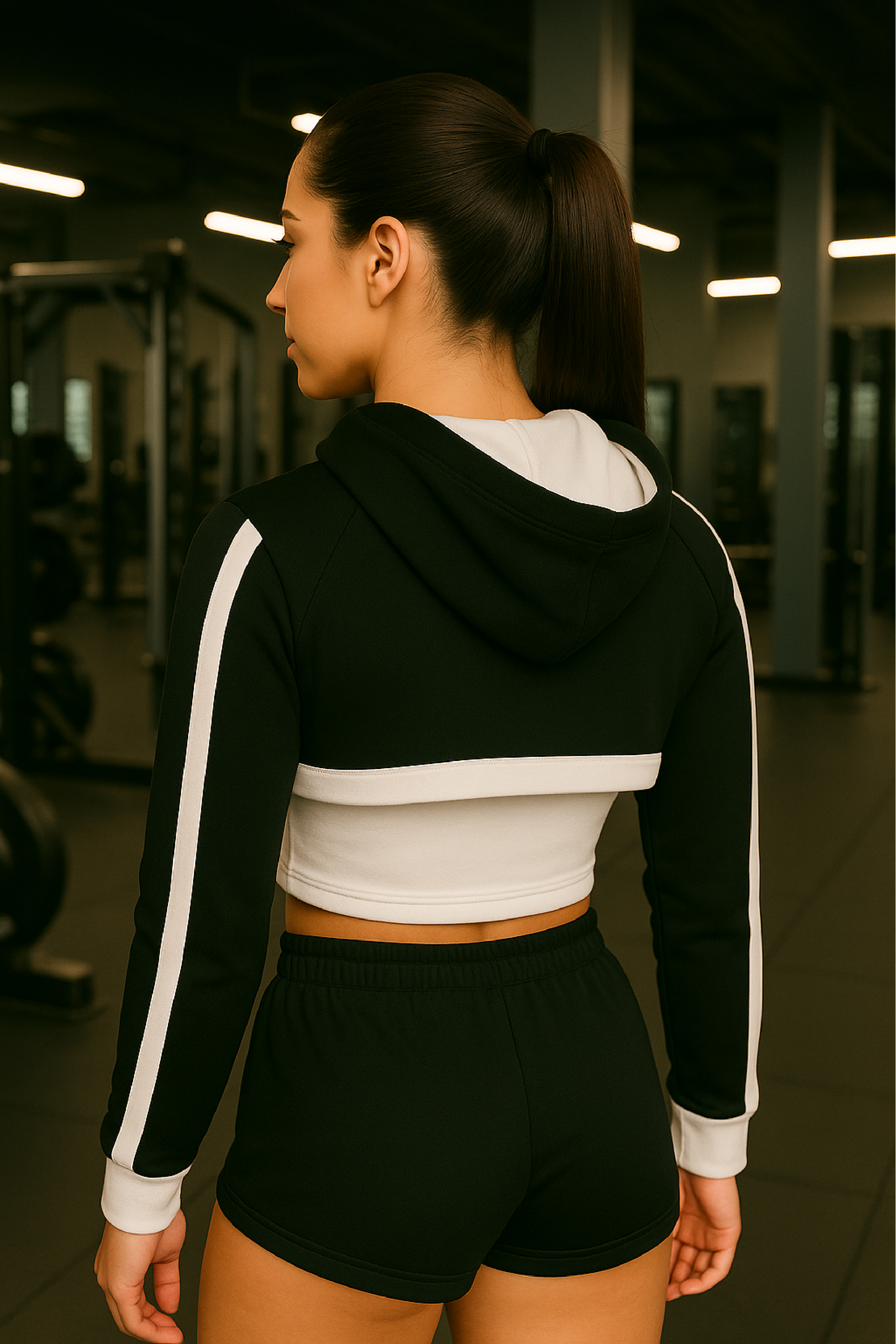 RF Wear Women's Mesh Ultra Crop Hoodie - Black with White Trim - Model Back View