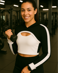 RF Wear Women's Mesh Ultra Crop Hoodie - Black with White Trim - Model Front View