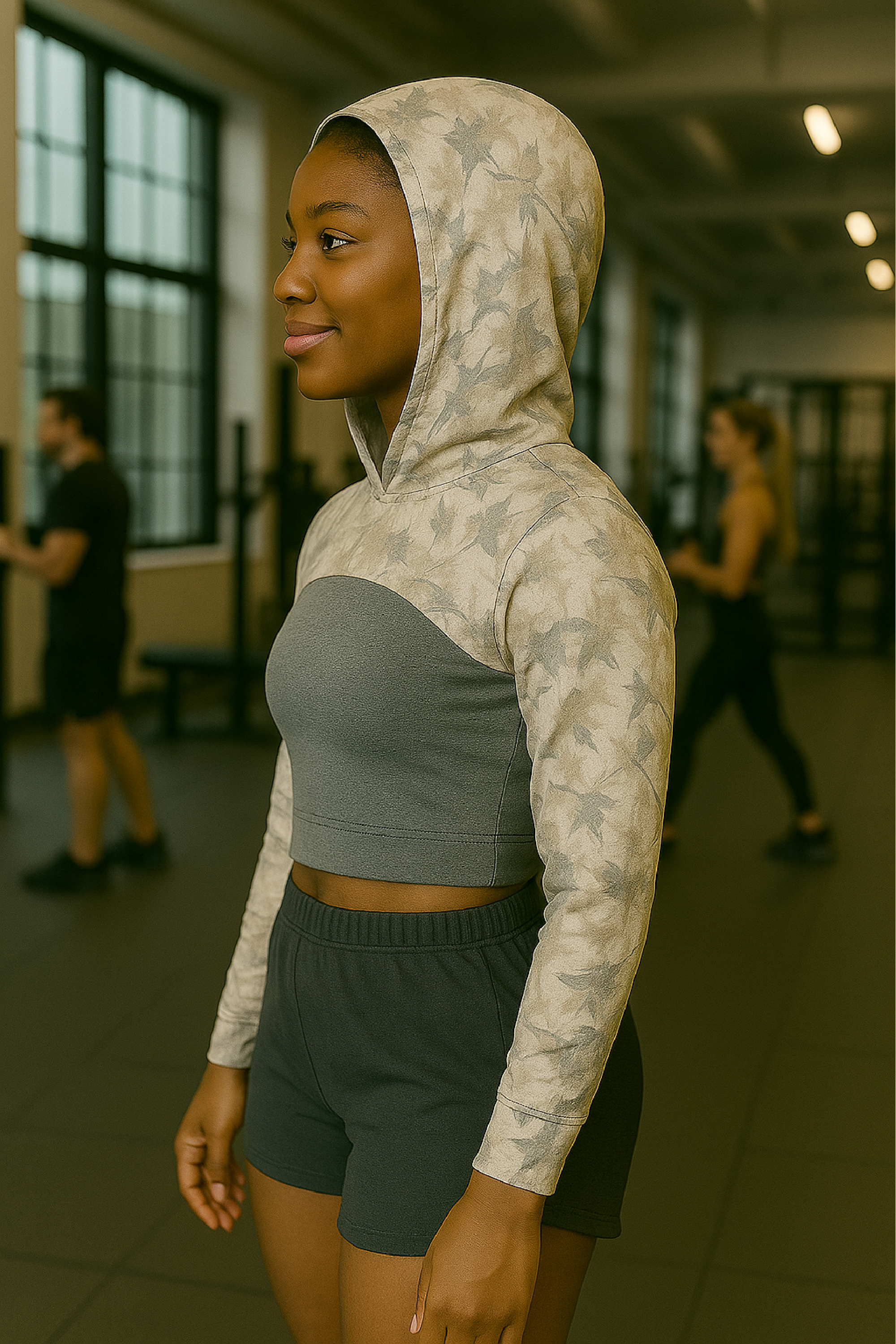 RF Wear Women's Mesh Ultra Crop Hoodie - Tree Camo - Cream/Grey - Model Side View