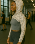 RF Wear Women's Mesh Ultra Crop Hoodie - Tree Camo - Cream/Grey - Model Side View