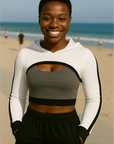 RF Wear Women's Mesh Ultra Crop Hoodie - White with Black Trim - Model Front View 