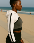 RF Wear Women's Mesh Ultra Crop Hoodie - White with Black Trim - Model Side View 