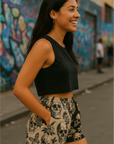 RF Wear Women's Split Skull Pocket Shorts - Black/Tan - Model Side View