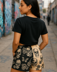 RF Wear Women's Split Skull Pocket Shorts - Black/Tan - Model Back View