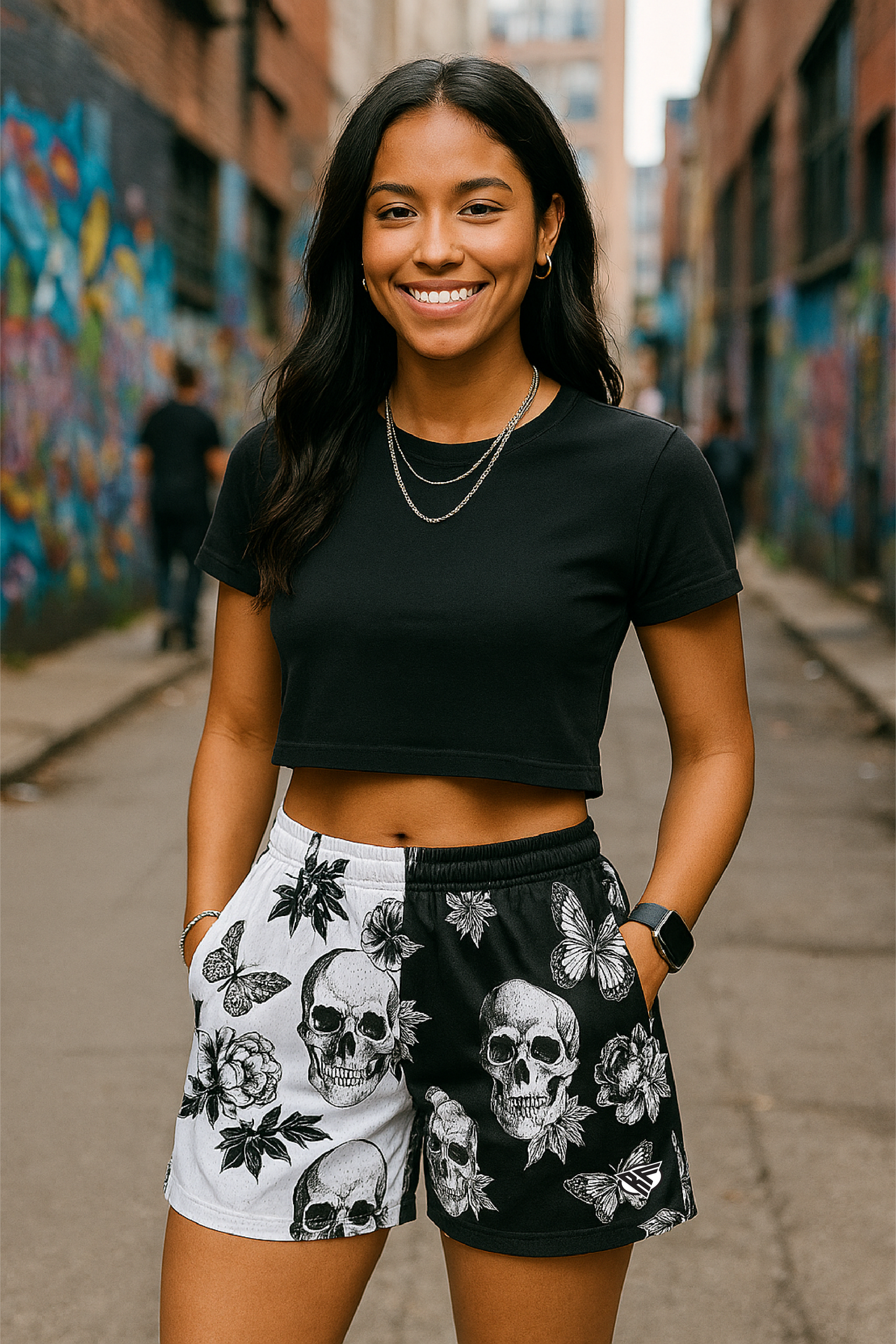 RF Wear Women's Split Skull Pocket Shorts - Black/White - Model Front View