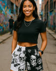 RF Wear Women's Split Skull Pocket Shorts - Black/White - Model Front View