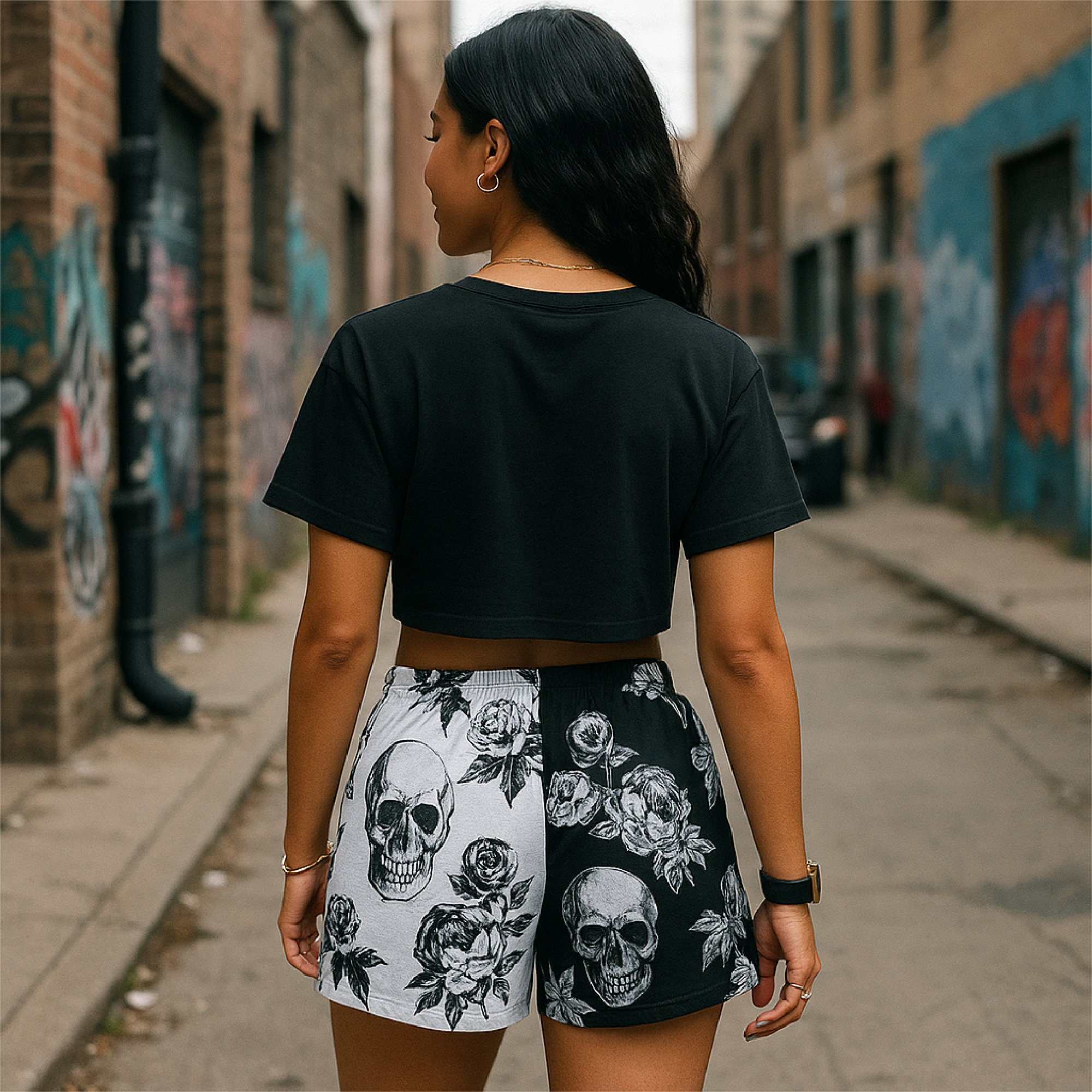 RF Wear Women's Split Skull Pocket Shorts - Black/White - Model Back  View