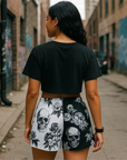 RF Wear Women's Split Skull Pocket Shorts - Black/White - Model Back  View