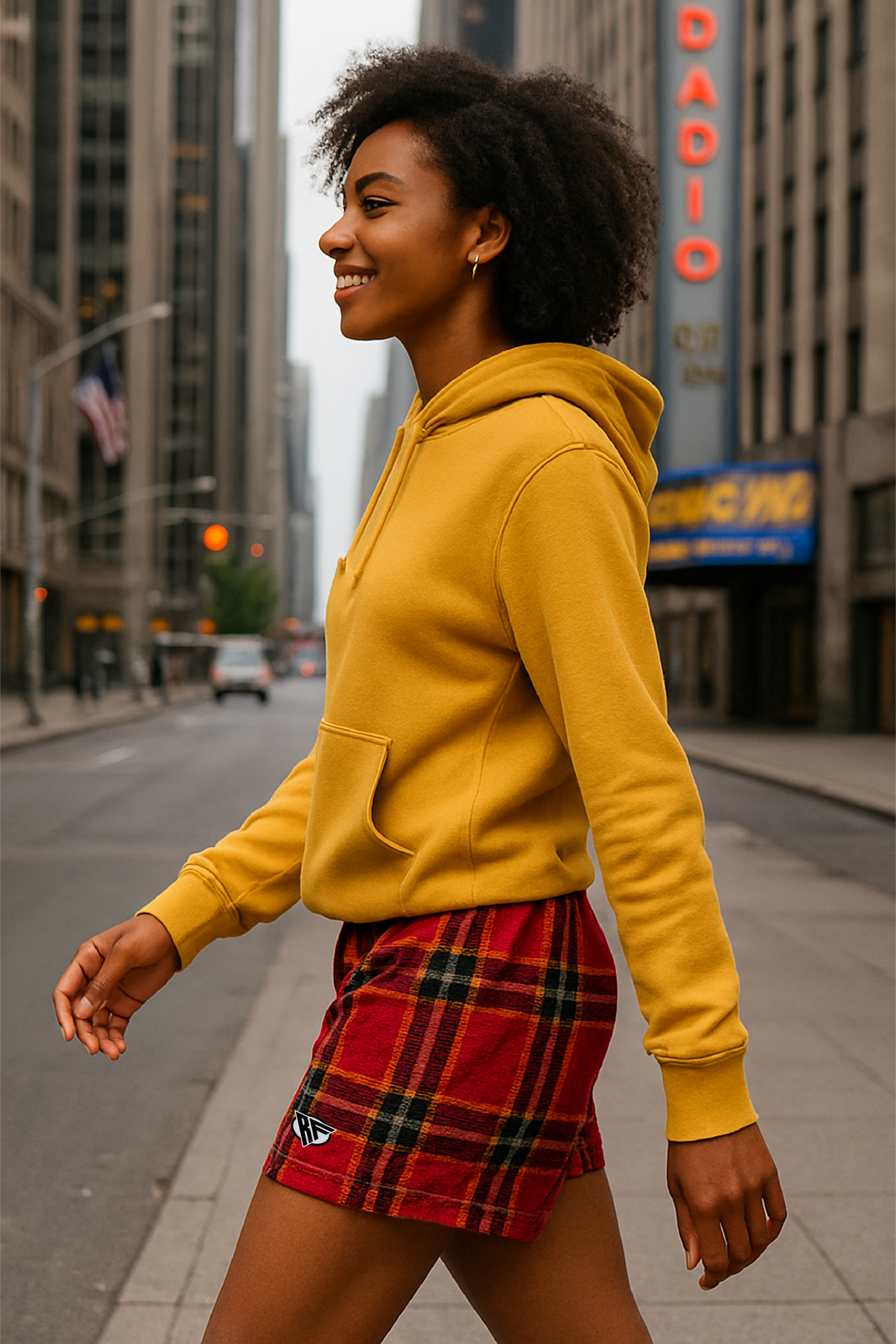 RF Wear Women's Tartan Plaid Pocket Shorts - Red/Gold - Model Side View