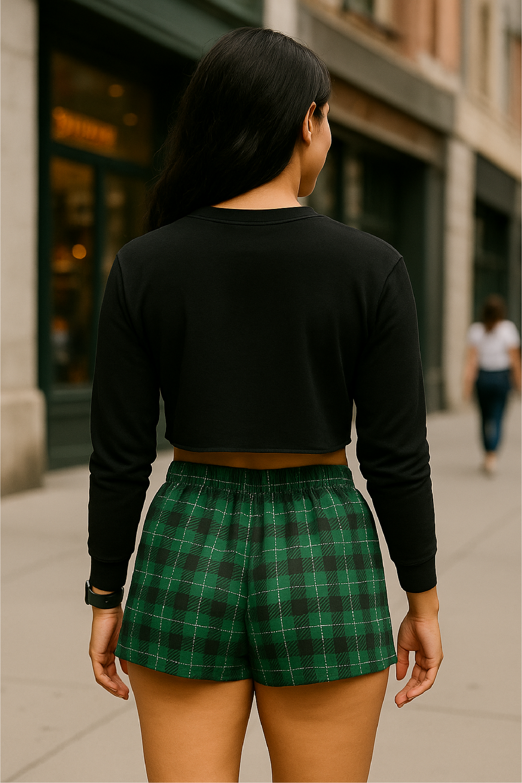 Person wearing a black long-sleeve top and green plaid shorts on a city street.