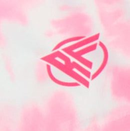 Close-up of RF-Wear Women's Tie Dye Shorts in Pink with RF logo