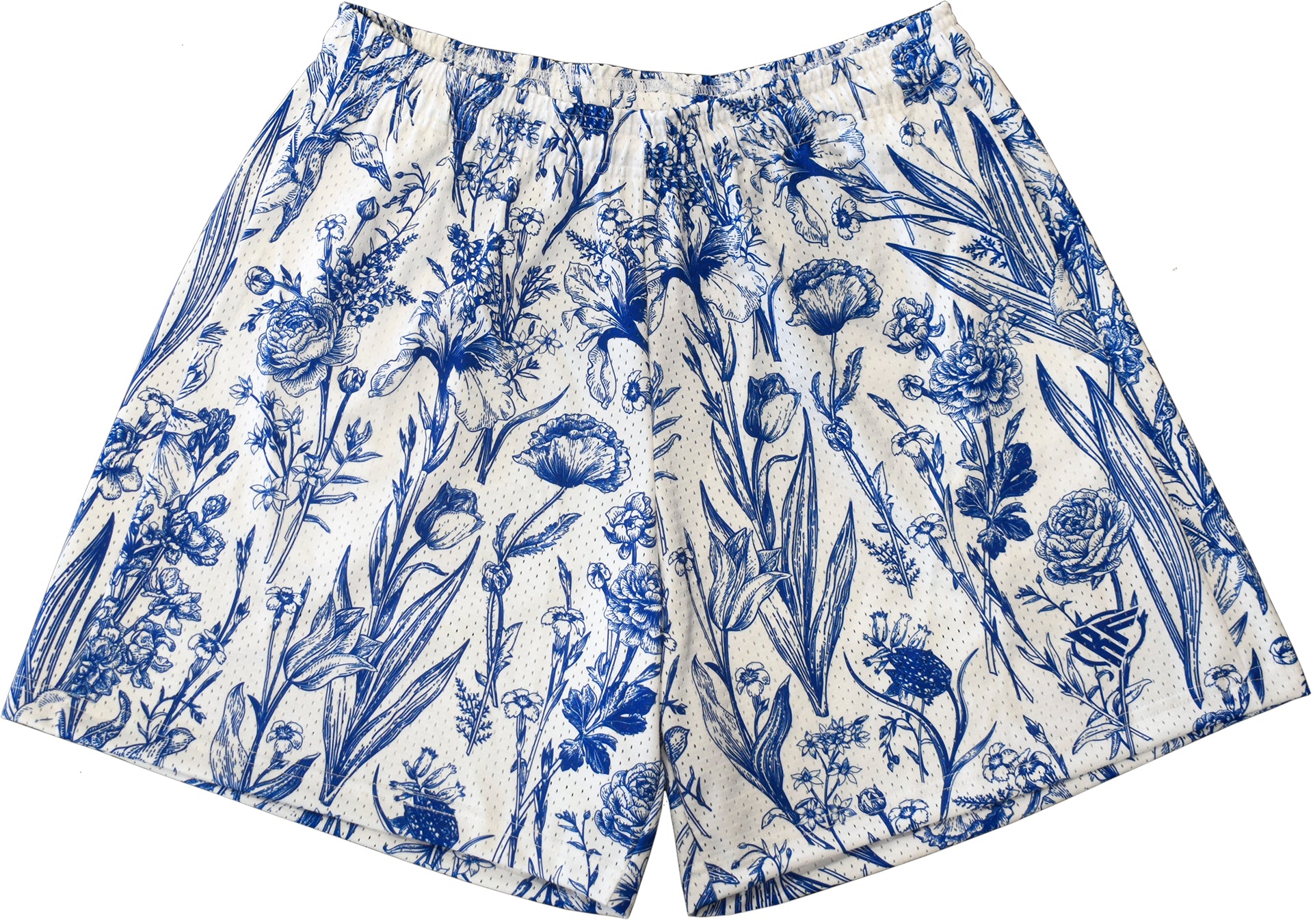 RF-Wear Mens Mesh Floral Porcelain Shorts in White/Blue 