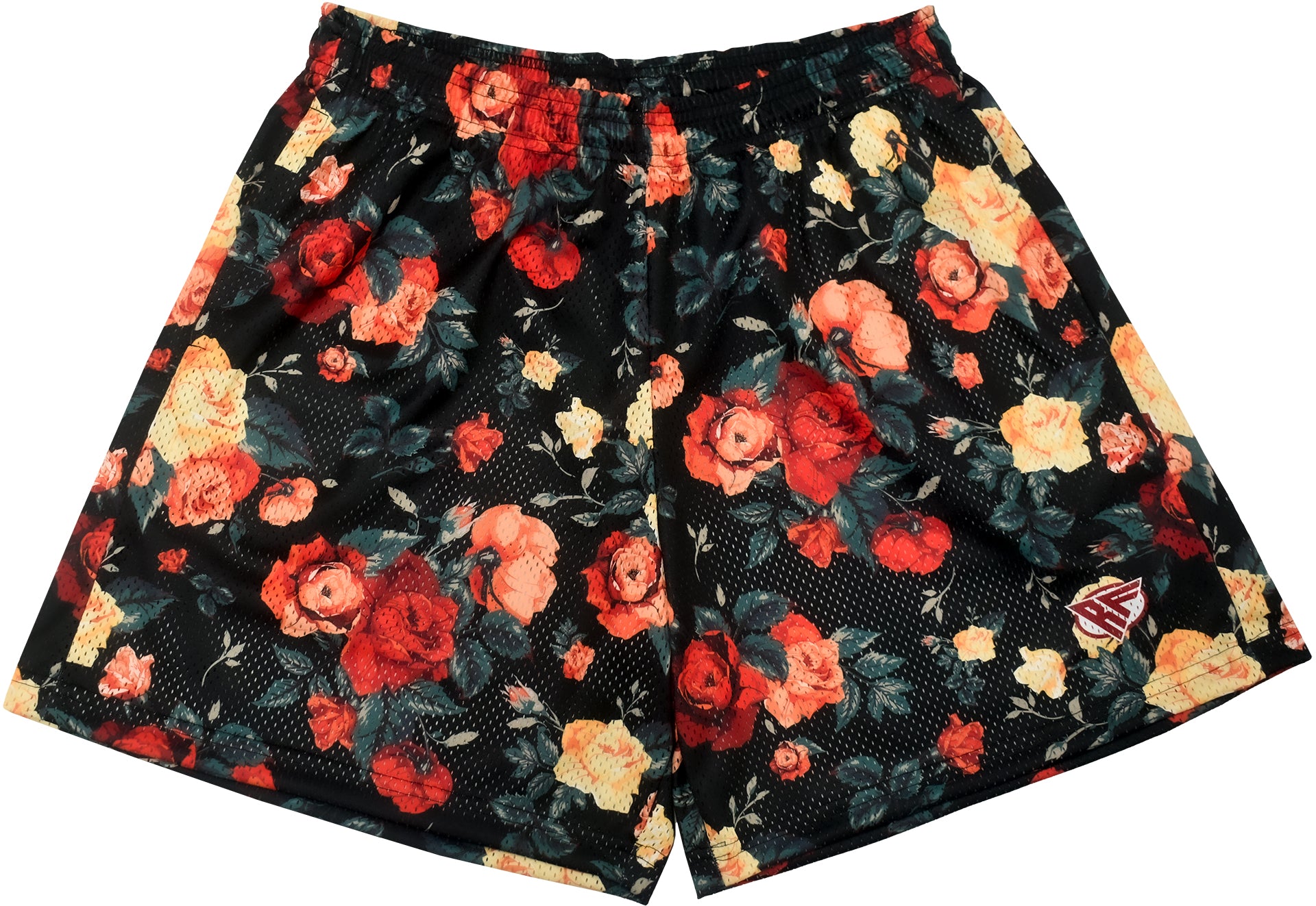 RF Wear Men&#39;s Mesh Floral Shorts - Black/Red/Peach