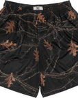 A pair of men's tree camo print mesh shorts designed for evening workouts or casual wear.